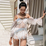 Lovefery White Floral Lace Skirted Fairy Swimsuit Bathing Suit