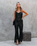 Lovefery Zaida High Low Flare Sequin Jumpsuit - Black