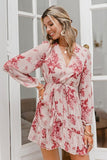 Simple Deep V-neck Print Dress Spring Long Sleeve Lace-up Women Dress