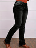 lovefery Button Side Split Embroidery Patch Pocket Bootcut Jeans