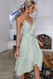 Lovefery Simplee Casual Green V-neck Strap Midi Women Dress  Asymmetrical Belt Holiday A-line Summer Dress Sleeveless Party Vestidos