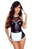 Lovefery Black Lace Trim Mesh Pu Splicing Halloween French Maid Costume