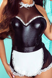 Lovefery Black Lace Trim Mesh Pu Splicing Halloween French Maid Costume