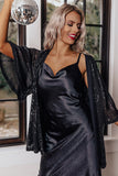 Lovefery Black Luster Sequin Half Sleeves Draped Open Front Top