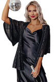 Lovefery Black Luster Sequin Half Sleeves Draped Open Front Top