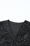 Lovefery Black Luster Sequin Half Sleeves Draped Open Front Top