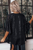 Lovefery Black Luster Sequin Half Sleeves Draped Open Front Top