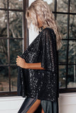 Lovefery Black Luster Sequin Half Sleeves Draped Open Front Top