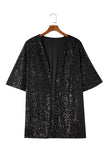 Lovefery Black Luster Sequin Half Sleeves Draped Open Front Top