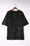 Lovefery Black Luster Sequin Half Sleeves Draped Open Front Top