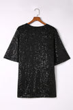 Lovefery Black Luster Sequin Half Sleeves Draped Open Front Top