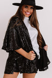 Lovefery Black Luster Sequin Half Sleeves Draped Open Front Top