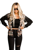 Black Plaid Buttons Long Sleeve Hooded Jacket