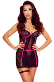 Lovefery Black Sheer Floral Lace Contrast Trim Chemise Set