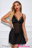 Lovefery Black Sheer Lace Mesh Babydoll With Thong