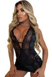 Lovefery Black Sleeveless Low V Neck Lace Chemise Dress