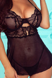 Lovefery Black Spaghetti Strap Crochet Mesh Lace Babydoll Set