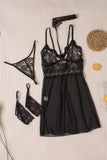 Lovefery Black Spaghetti Strap Mesh Lace Babydoll Set