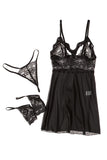 Lovefery Black Spaghetti Strap Mesh Lace Babydoll Set