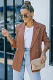 Brown Double Breasted Lapel Long Sleeve Blazer