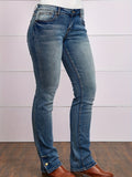 lovefery Button Side Split Embroidery Patch Pocket Bootcut Jeans