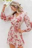 Simple Deep V-neck Print Dress Spring Long Sleeve Lace-up Women Dress