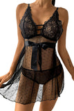 Lovefery Crochet Lace Bowknot Dot Mesh Slit Babydoll