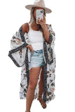 Lovefery Floral Print Lace Patchwork Batwing Sleeve Duster Kimono