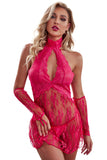 lovefery Halter Neck Backless Lace Babydoll With Thong And Gloves