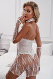 lovefery Halter Neck Backless Lace Babydoll With Thong And Gloves