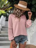 Lovefery Solid Color Shirt Lantern Sleeve Lace Hollow Chiffon Top