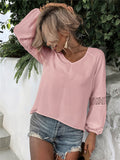 Lovefery Solid Color Shirt Lantern Sleeve Lace Hollow Chiffon Top