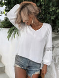 Lovefery Solid Color Shirt Lantern Sleeve Lace Hollow Chiffon Top