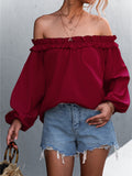 Lovefery Solid Color One Shoulder Lantern Sleeve T-Shirt Top