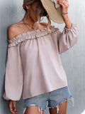 Lovefery Solid Color One Shoulder Lantern Sleeve T-Shirt Top