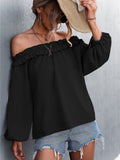 Lovefery Solid Color One Shoulder Lantern Sleeve T-Shirt Top