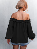 Lovefery Solid Color One Shoulder Lantern Sleeve T-Shirt Top