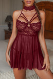 Lovefery Lace Sheer Splicing Strappy Badydoll Set