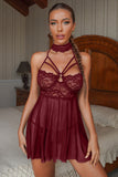 Lovefery Lace Sheer Splicing Strappy Badydoll Set