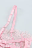 Lovefery Pink Eyelash Trim Lace Bralette Set With Garter Belt