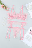 Lovefery Pink Eyelash Trim Lace Bralette Set With Garter Belt