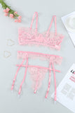 Lovefery Pink Eyelash Trim Lace Bralette Set With Garter Belt