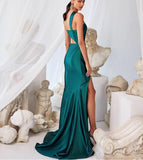 Lovefery Emerald One Shoulder Cut Out Satin Dress