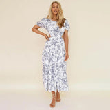 Lovefery Blue Floral Print Cut Out Midi Backless Dress