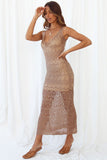 Lovefery Sleeveless Crochet Openwork Knit Maxi Beach Vacation Dress - Dark Khaki