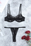 Lovefery Sheer Lace Bra And Panty Set With Garter Belts