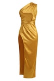 Lovefery Silky Satin Pleated One Shoulder High Slit Midi Evening Dress - Gold