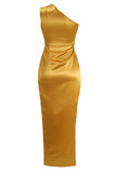 Lovefery Silky Satin Pleated One Shoulder High Slit Midi Evening Dress - Gold