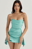 Lovefery Silky Satin Pleated Trim Corset Strapless Party Mini Dress - Turquoise