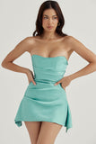 Lovefery Silky Satin Pleated Trim Corset Strapless Party Mini Dress - Turquoise